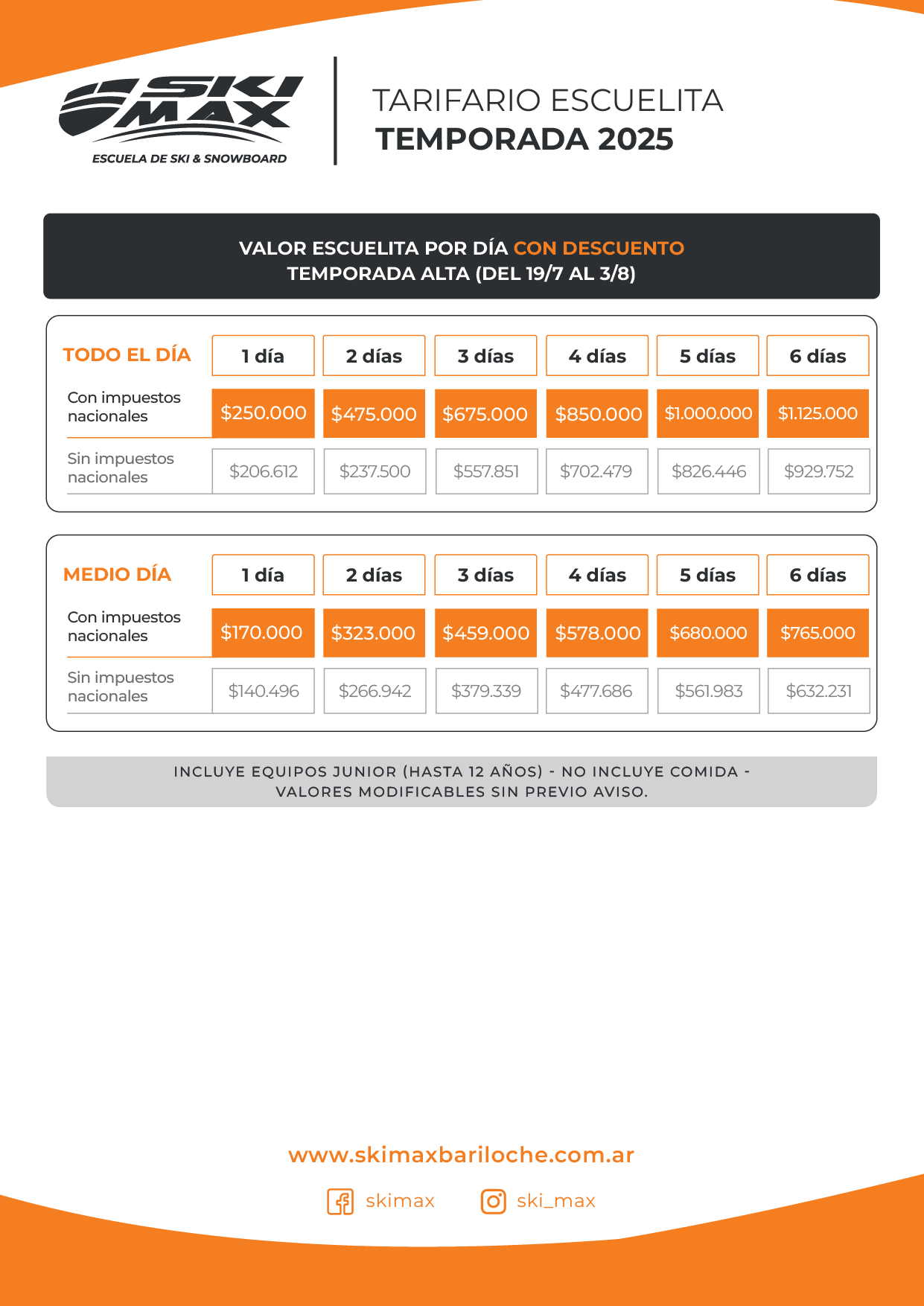 Tarifario Skimax Escuelita Temporada Alta
